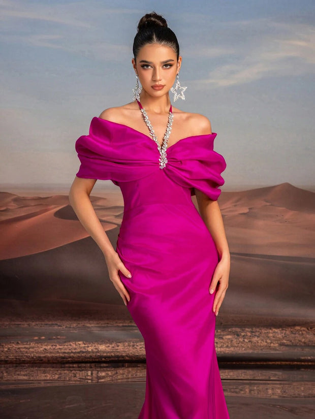 Glamrae Elegant Necklace Chain, Exaggerated Bow, Off-Shoulder, High-Waist, Floor-Length Fishtail Formal Dress