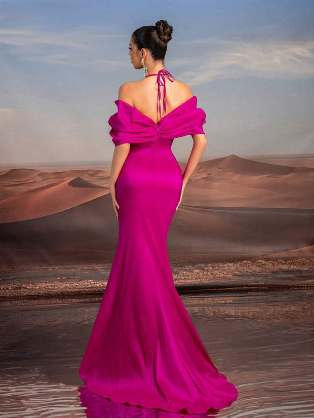 Glamrae Elegant Necklace Chain, Exaggerated Bow, Off-Shoulder, High-Waist, Floor-Length Fishtail Formal Dress
