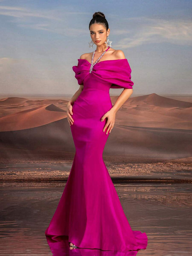 Glamrae Elegant Necklace Chain, Exaggerated Bow, Off-Shoulder, High-Waist, Floor-Length Fishtail Formal Dress
