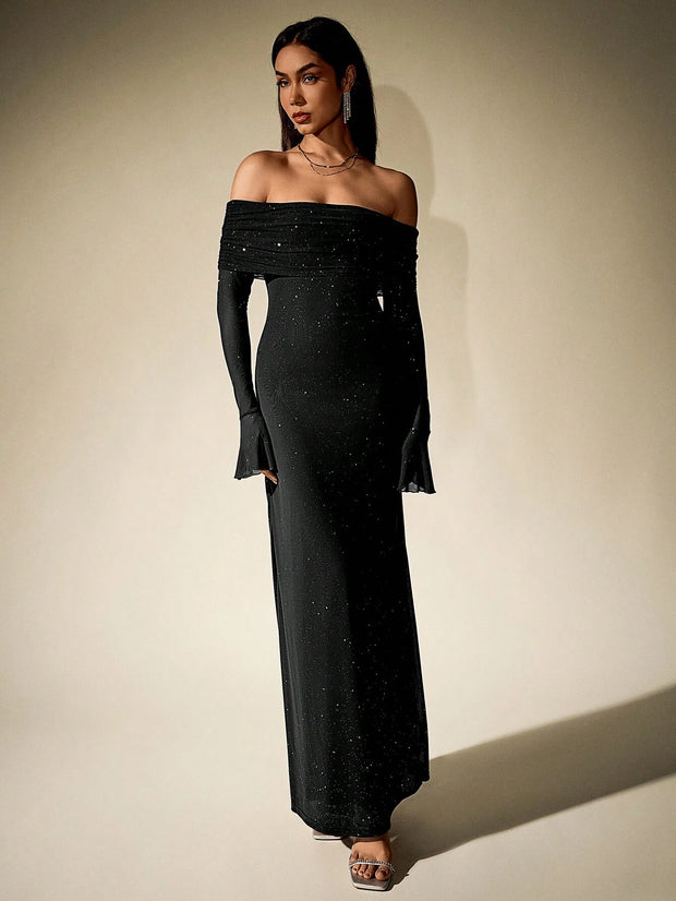 PARTHEA Off Shoulder Ruched Sequin Mesh Long Dress