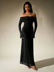 PARTHEA Off Shoulder Ruched Sequin Mesh Long Dress
