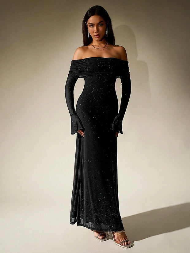 PARTHEA Off Shoulder Ruched Sequin Mesh Long Dress
