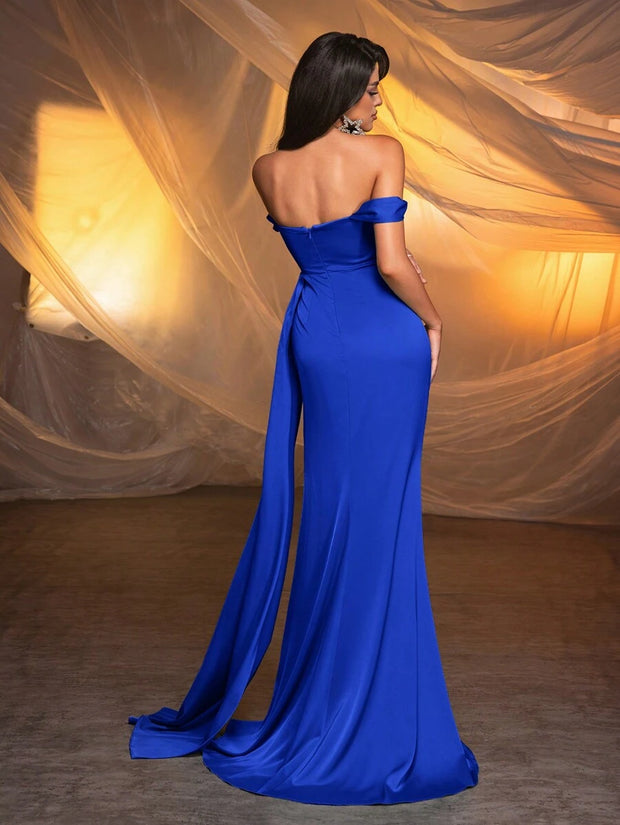 Glamrae Elegant Rhinestone Flower Neckline Side Slit Fishtail Maxi Formal Dress