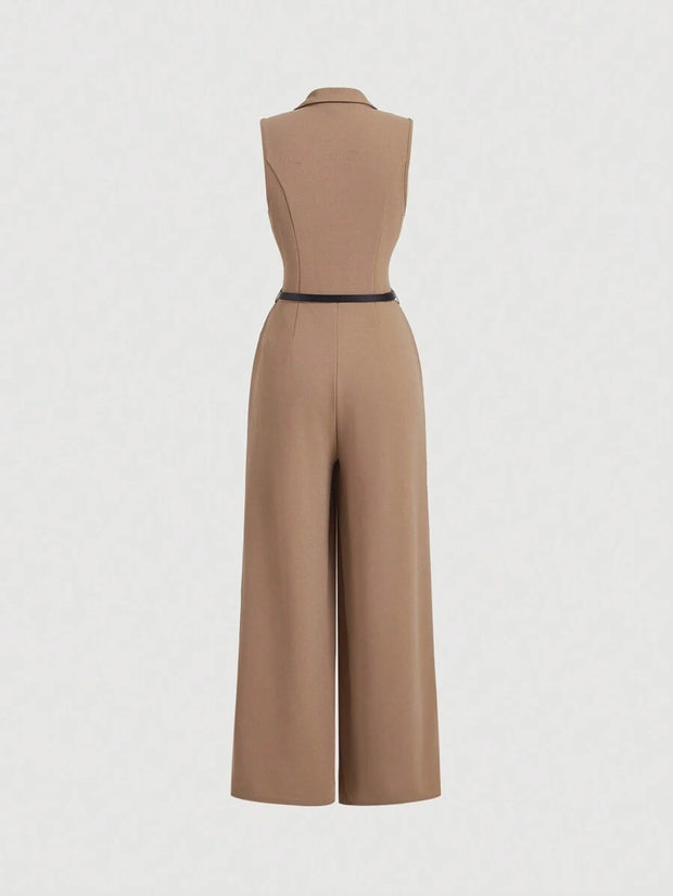 Elegant Lapel Neck Waist Wide Leg Jumpsuit, Casual Daily Women