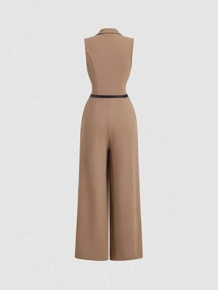 Elegant Lapel Neck Waist Wide Leg Jumpsuit, Casual Daily Women