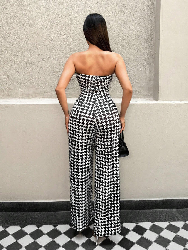 Zolique Women Houndstooth Print Bandeau Jumpsuit