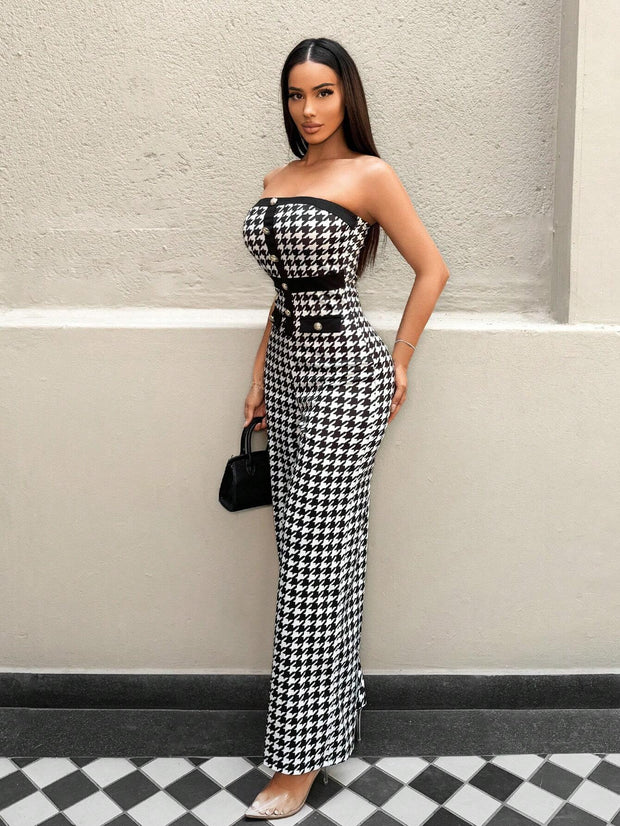 Zolique Women Houndstooth Print Bandeau Jumpsuit