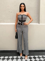 Zolique Women Houndstooth Print Bandeau Jumpsuit