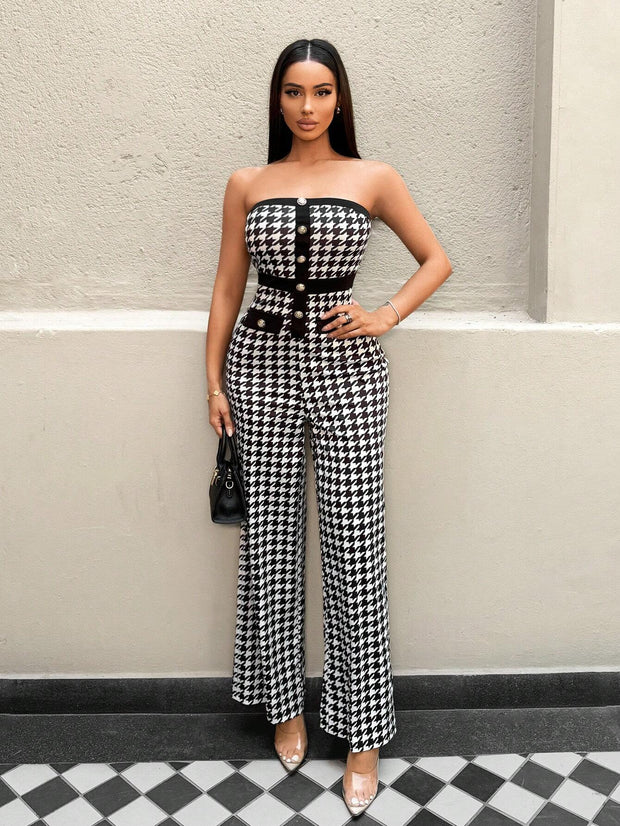 Zolique Women Houndstooth Print Bandeau Jumpsuit