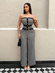 Zolique Women Houndstooth Print Bandeau Jumpsuit