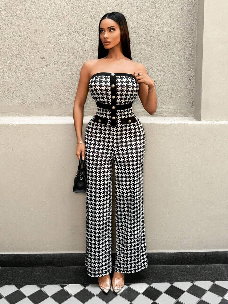 Zolique Women Houndstooth Print Bandeau Jumpsuit