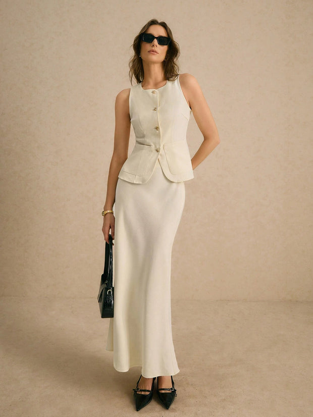 Poéselle 2pcs Excellent Minimalist Sharp, Single-Breasted Vest And Skirt Set