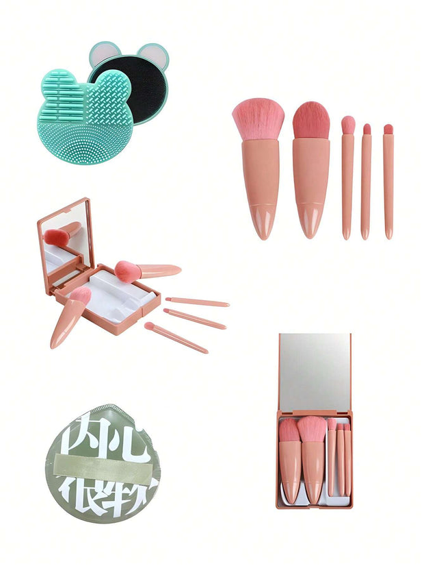 1pc/5pcs Portable Makeup Brush Set With Mirror Travel Makeup Tools