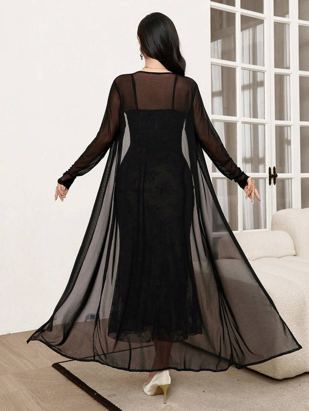 Modelyn 2pcs/Set Elegant Mesh Jacket And Slip Dress For Women, Autumn 2 Piece Set