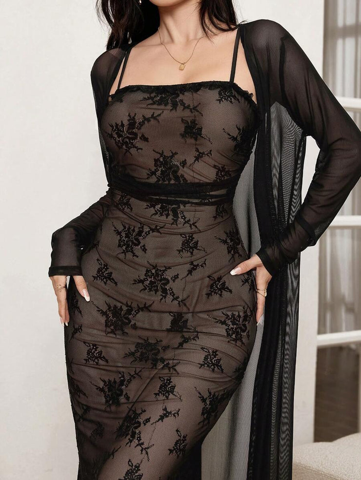 Modelyn 2pcs/Set Elegant Mesh Jacket And Slip Dress For Women, Autumn 2 Piece Set