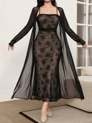 Modelyn 2pcs/Set Elegant Mesh Jacket And Slip Dress For Women, Autumn 2 Piece Set