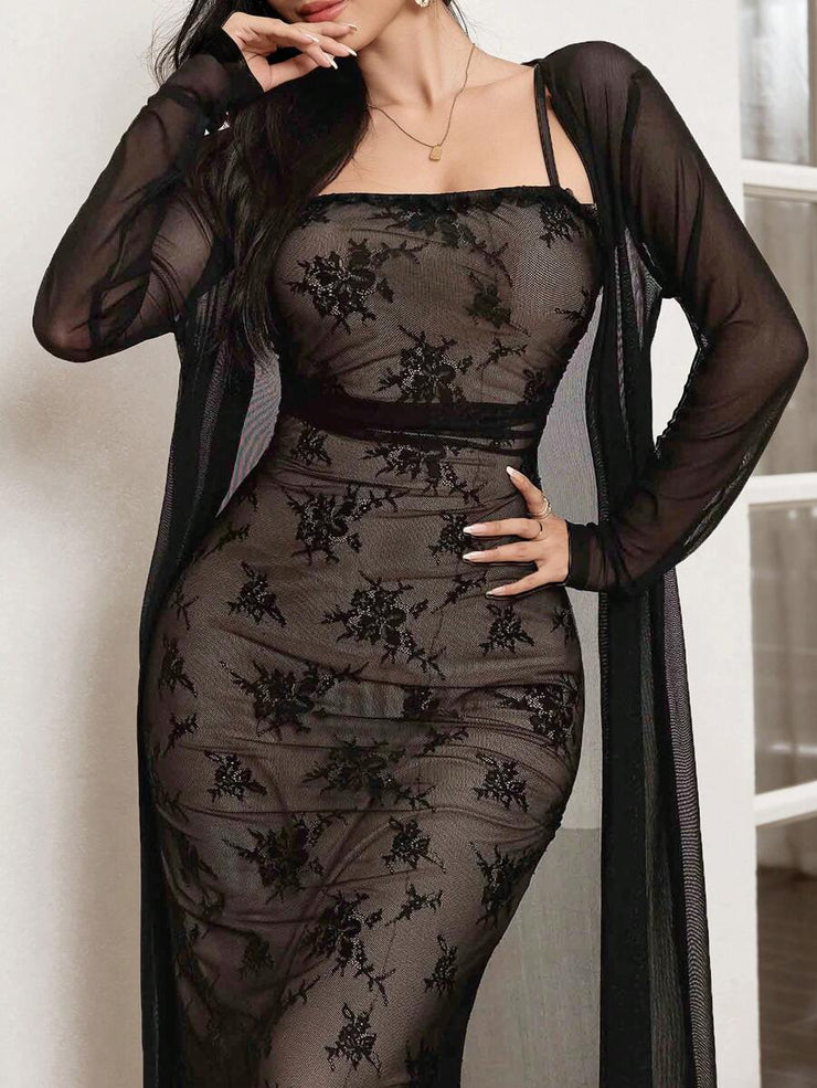 Modelyn 2pcs/Set Elegant Mesh Jacket And Slip Dress For Women, Autumn 2 Piece Set