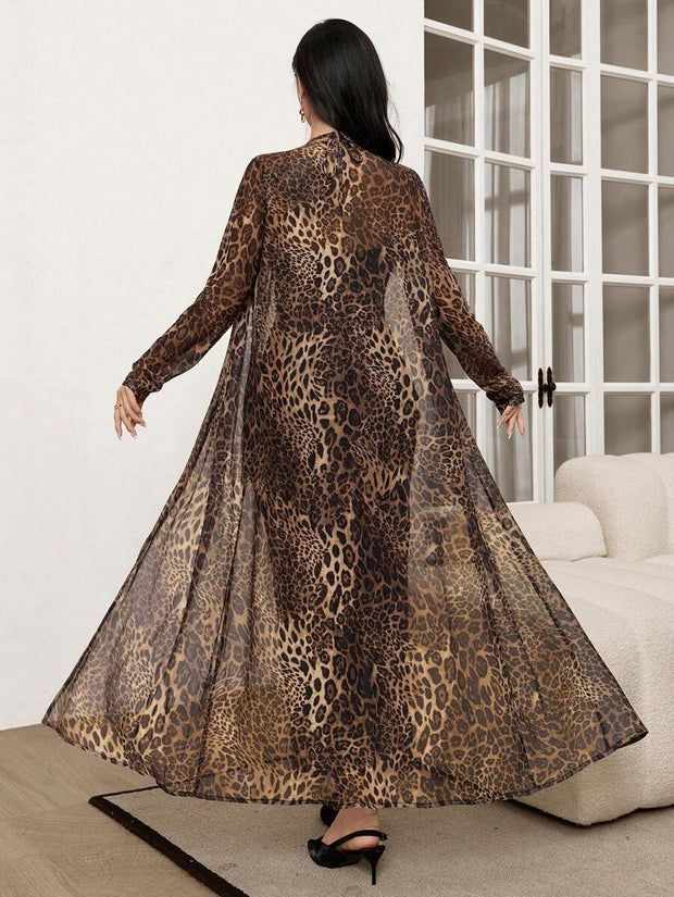 Set Leopard Print Mesh Sleeveless Dress And Cardigan Shawl 2 Piece Set