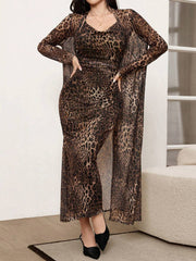 Set Leopard Print Mesh Sleeveless Dress And Cardigan Shawl 2 Piece Set