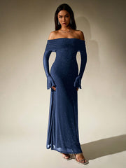 PARTHEA Off Shoulder Ruched Sequin Mesh Long Dress