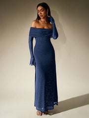 PARTHEA Off Shoulder Ruched Sequin Mesh Long Dress