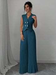 Elenzga Women Elegant Solid Color Notched Lapel Double Breasted Waistcoat And Wide Leg Pleated Suit Pants Set