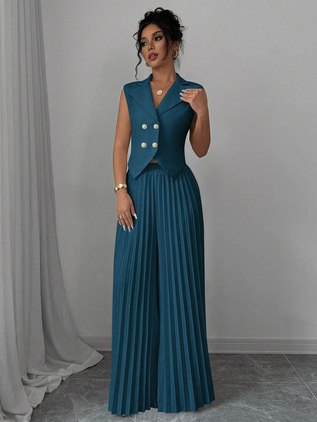 Elenzga Women Elegant Solid Color Notched Lapel Double Breasted Waistcoat And Wide Leg Pleated Suit Pants Set
