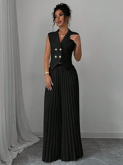 Elenzga Women Elegant Solid Color Notched Lapel Double Breasted Waistcoat And Wide Leg Pleated Suit Pants Set