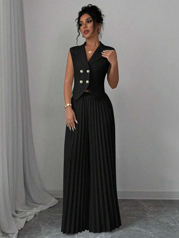 Elenzga Women Elegant Solid Color Notched Lapel Double Breasted Waistcoat And Wide Leg Pleated Suit Pants Set