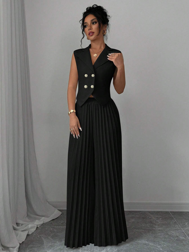 Elenzga Women Elegant Solid Color Notched Lapel Double Breasted Waistcoat And Wide Leg Pleated Suit Pants Set