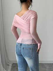 Rafferiza Women's Solid Color Open Shoulder Long Sleeve Casual Top, Everyday Wear