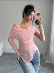 Rafferiza Women's Solid Color Open Shoulder Long Sleeve Casual Top, Everyday Wear