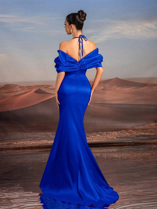 Glamrae Elegant Necklace Chain, Exaggerated Bow, Off-Shoulder, High-Waist, Floor-Length Fishtail Formal Dress