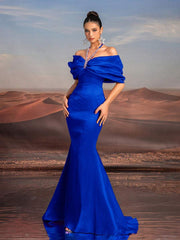 Glamrae Elegant Necklace Chain, Exaggerated Bow, Off-Shoulder, High-Waist, Floor-Length Fishtail Formal Dress