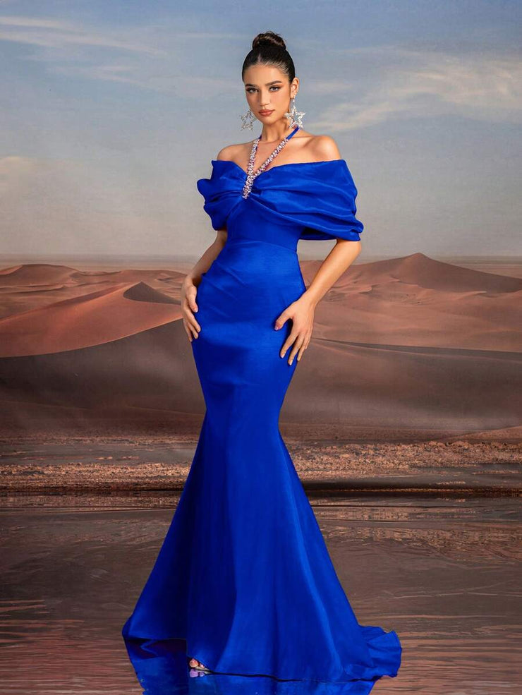 Glamrae Elegant Necklace Chain, Exaggerated Bow, Off-Shoulder, High-Waist, Floor-Length Fishtail Formal Dress