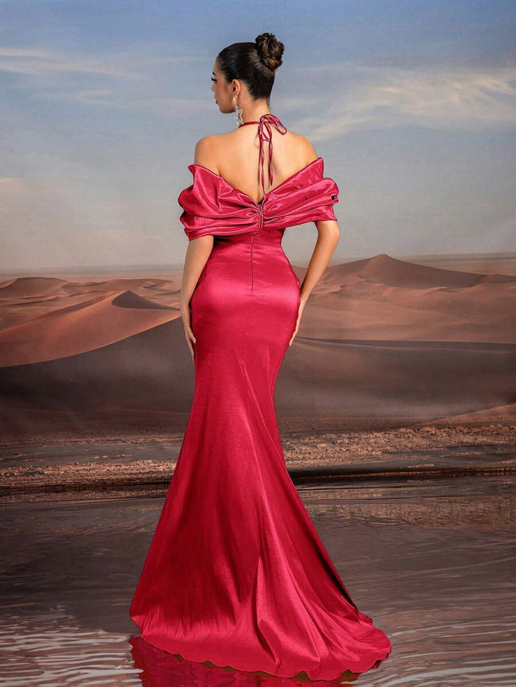 Glamrae Elegant Necklace Chain, Exaggerated Bow, Off-Shoulder, High-Waist, Floor-Length Fishtail Formal Dress