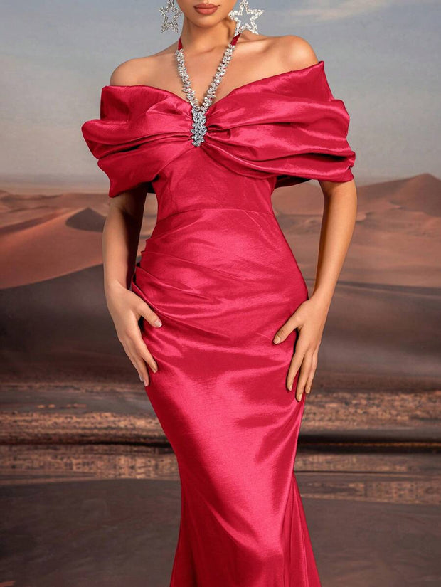 Glamrae Elegant Necklace Chain, Exaggerated Bow, Off-Shoulder, High-Waist, Floor-Length Fishtail Formal Dress
