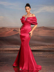 Glamrae Elegant Necklace Chain, Exaggerated Bow, Off-Shoulder, High-Waist, Floor-Length Fishtail Formal Dress
