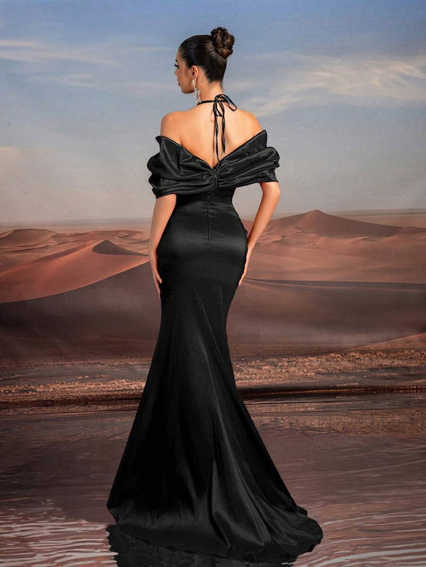 Glamrae Elegant Necklace Chain, Exaggerated Bow, Off-Shoulder, High-Waist, Floor-Length Fishtail Formal Dress