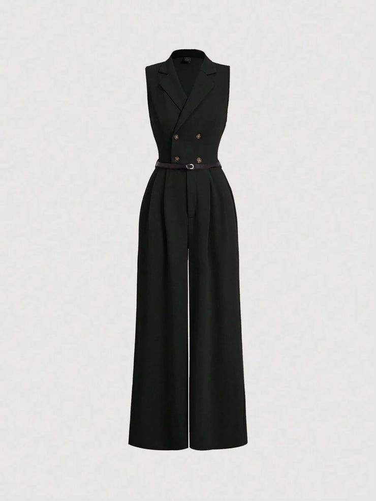 Elegant Lapel Neck Waist Wide Leg Jumpsuit, Casual Daily Women