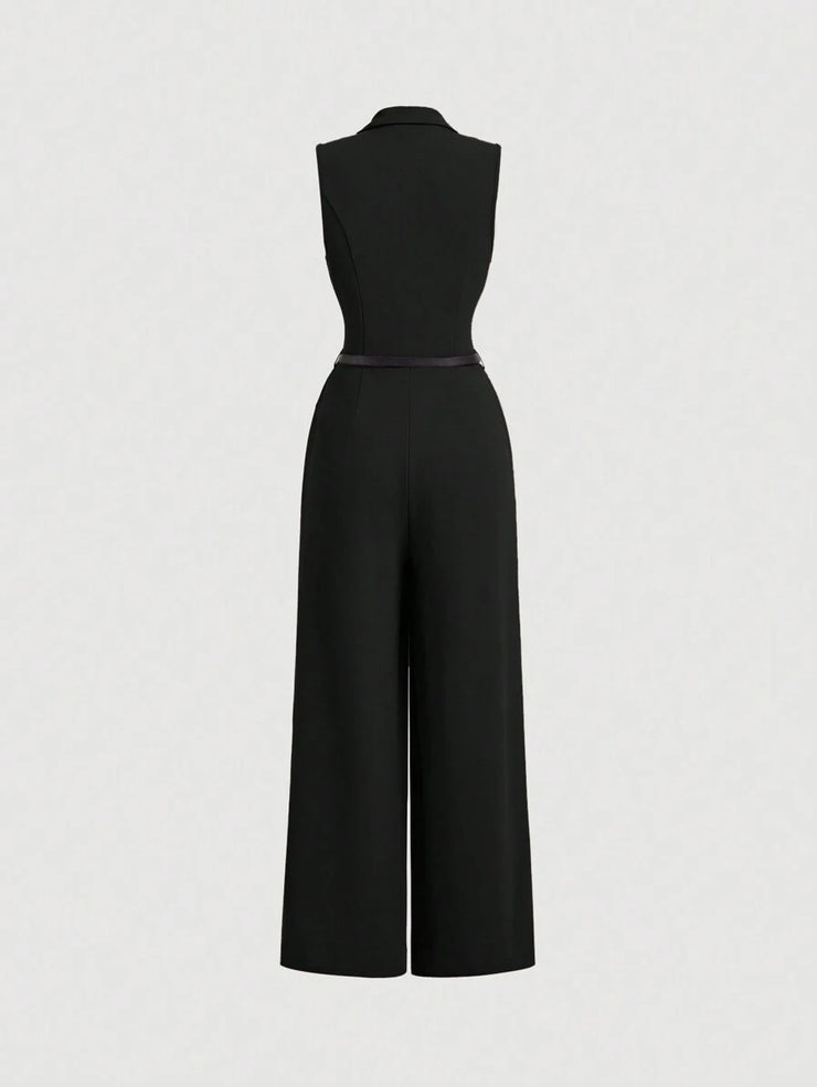 Elegant Lapel Neck Waist Wide Leg Jumpsuit, Casual Daily Women