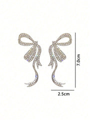 1 Pair Of Simple Full-Rhinestone Ribbon Bow Earrings