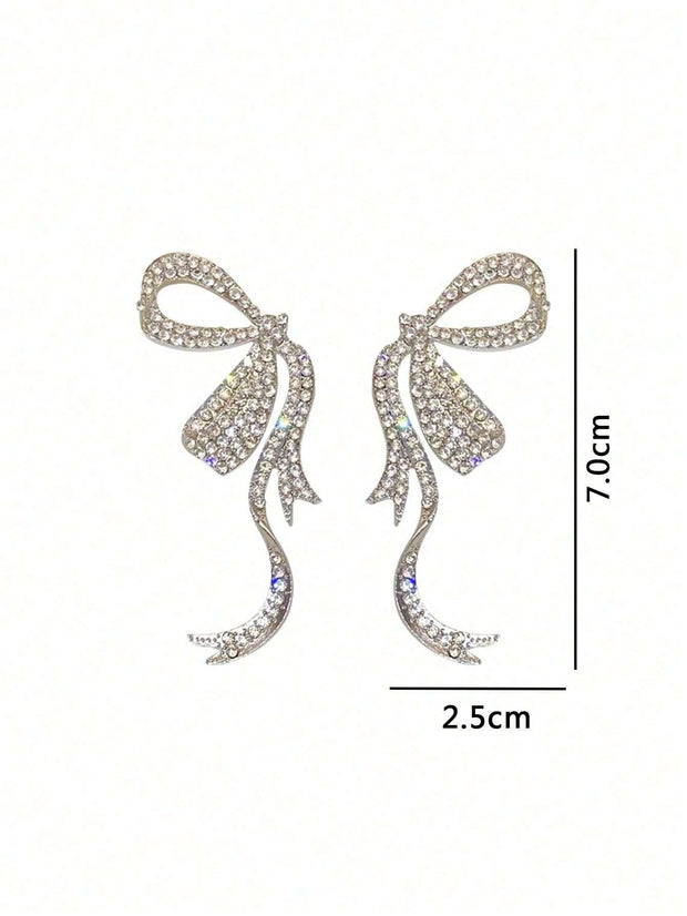 1 Pair Of Simple Full-Rhinestone Ribbon Bow Earrings