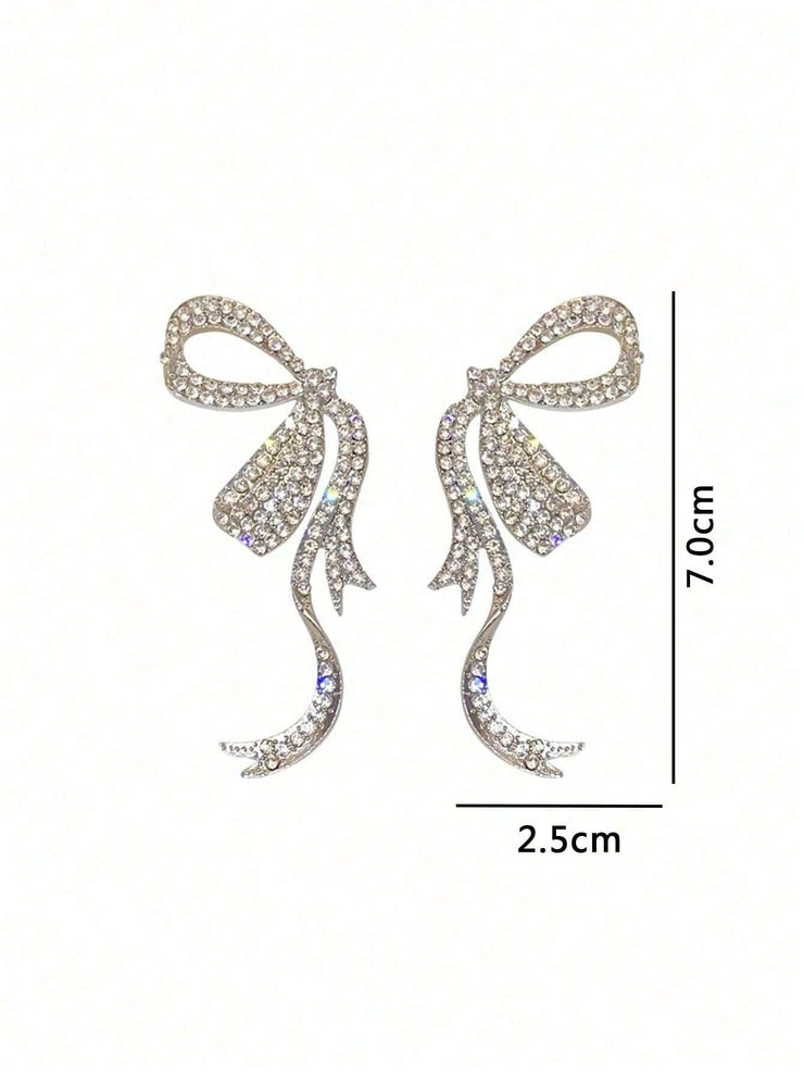 1 Pair Of Simple Full-Rhinestone Ribbon Bow Earrings