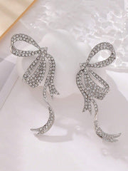 1 Pair Of Simple Full-Rhinestone Ribbon Bow Earrings