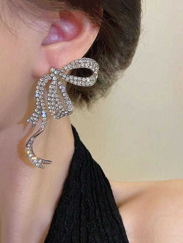 1 Pair Of Simple Full-Rhinestone Ribbon Bow Earrings