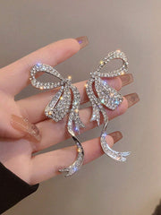 1 Pair Of Simple Full-Rhinestone Ribbon Bow Earrings