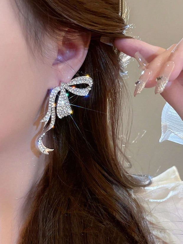 1 Pair Of Simple Full-Rhinestone Ribbon Bow Earrings