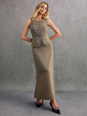 Poéselle 2pcs Excellent Minimalist Sharp, Single-Breasted Vest And Skirt Set