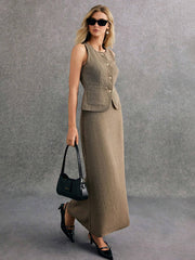 Poéselle 2pcs Excellent Minimalist Sharp, Single-Breasted Vest And Skirt Set